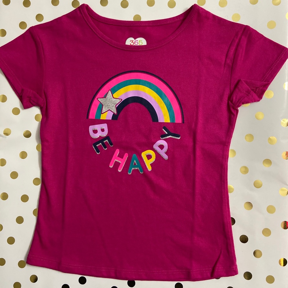 Girls Dark Pink Short Sleeve Tee w/ Rainbow